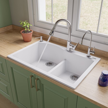 Alfi Brand White 33" Dbl Bowl Drop In Granite Composite Kitchen Sink AB3320DI-W